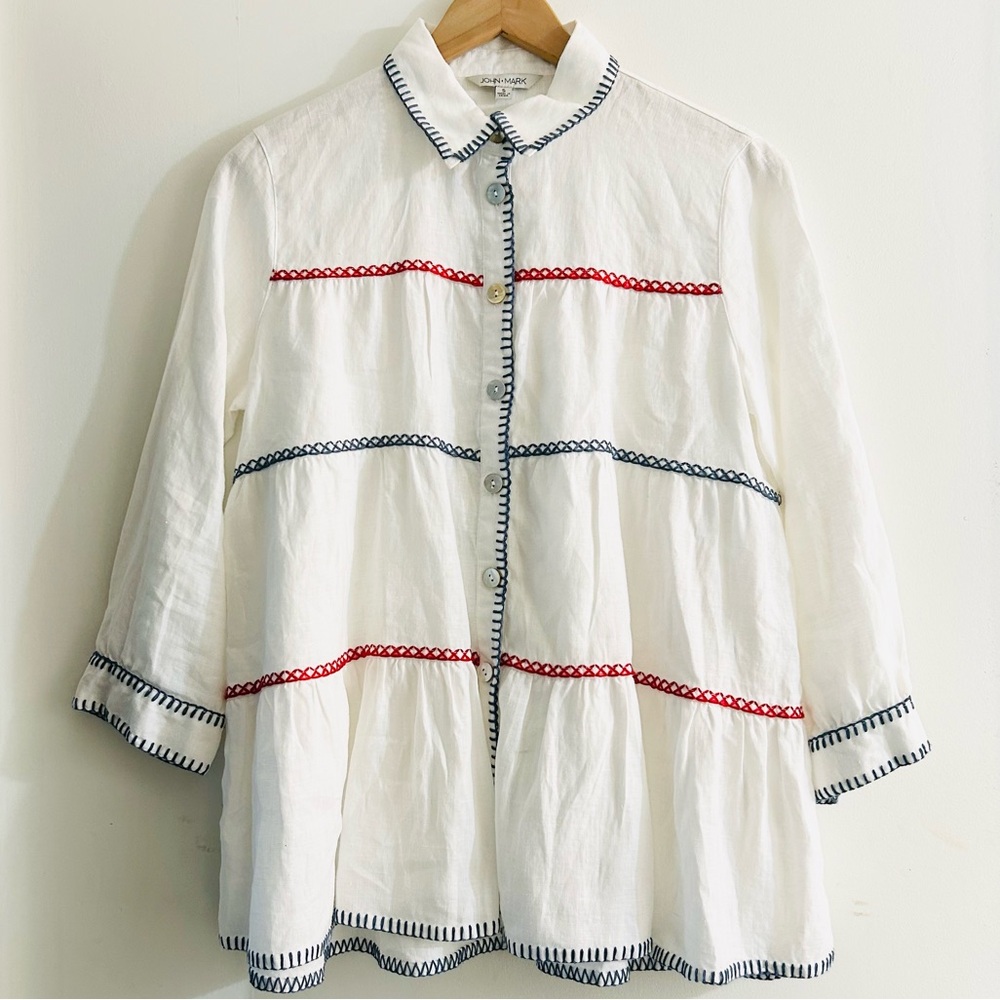 John Mark Linen White tiered poplin Button Up Top red blue scalloped piping trim